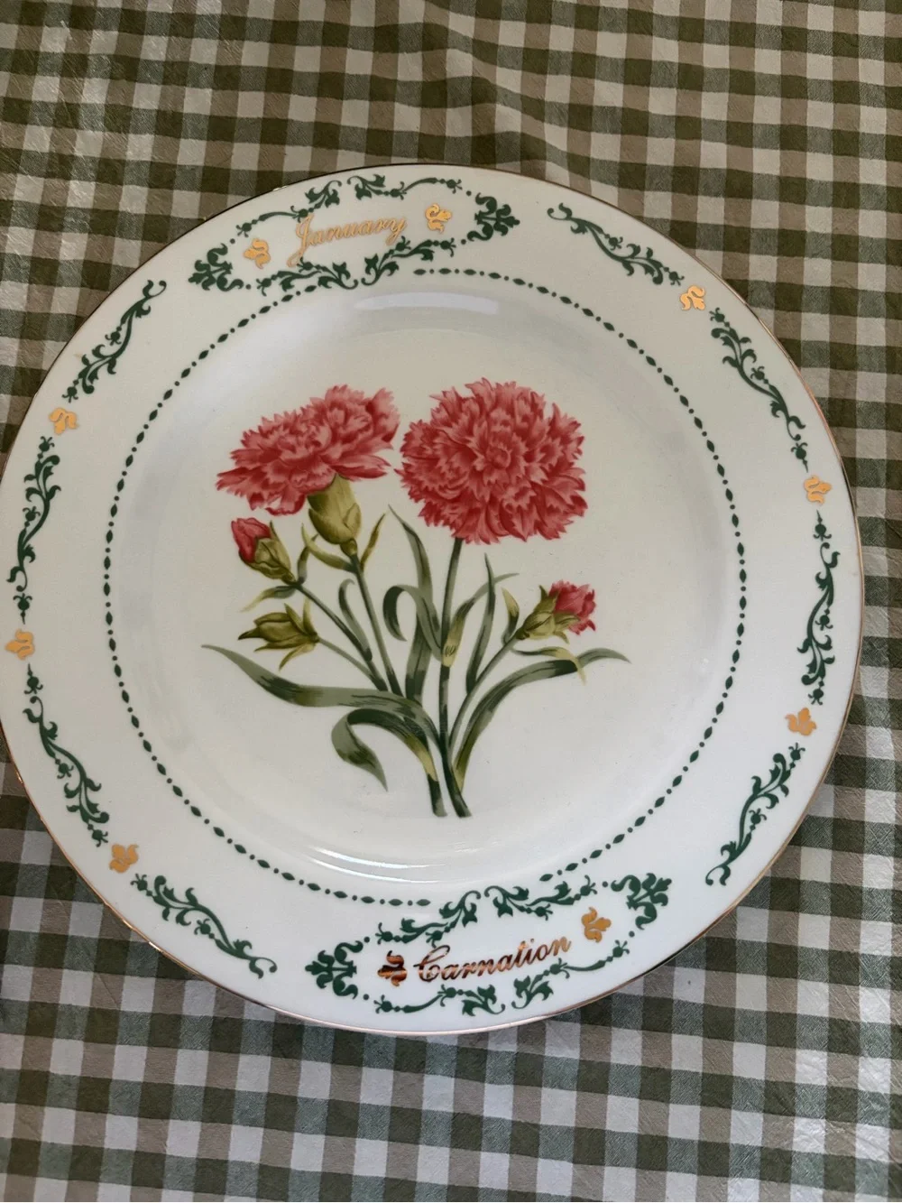 Carnation Floral Dinner Plate - White with Pink Blossoms